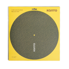 Kanto cork and rubber record mat in its original yellow packaging, featuring a circular textured dark green-brown mat with the Kanto brand name printed on it.