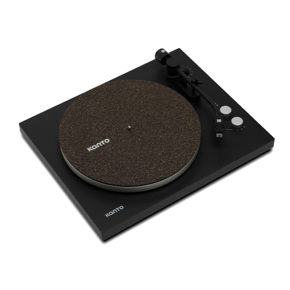 A Kanto turntable with a matte black body and a textured brown dust cover, shown from an elevated angle on a white background.