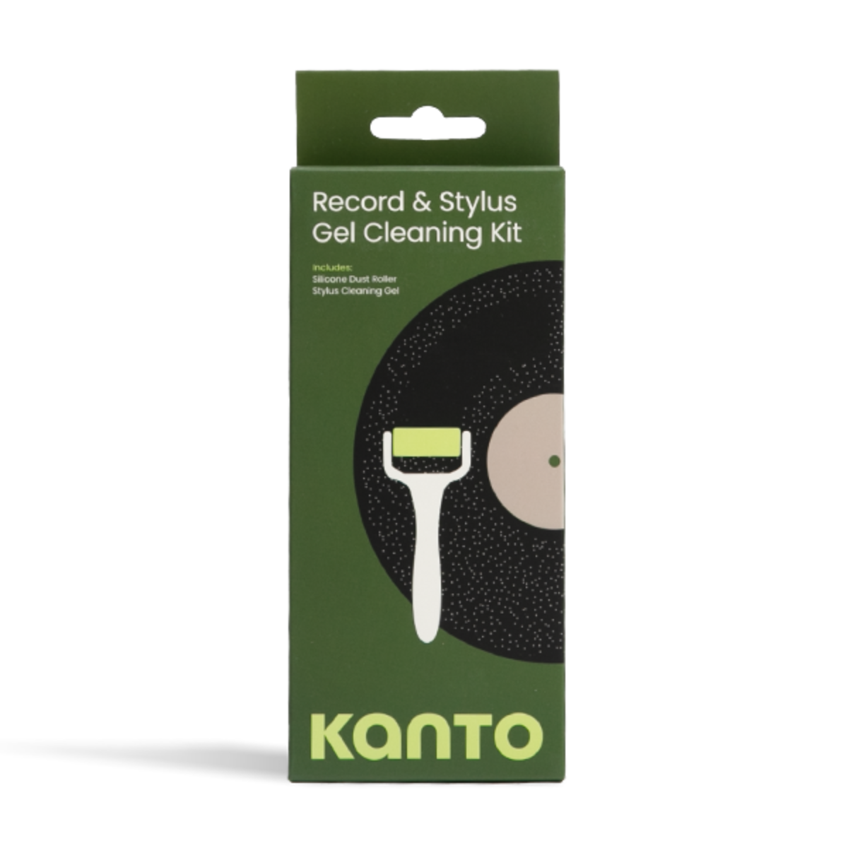 Kanto Record & Stylus Gel Cleaning Kit in a dark green cardboard box with a vinyl record and cleaning roller illustration on the front.
