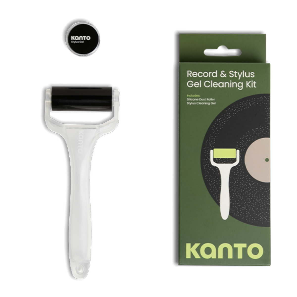 Kanto Record & Stylus Gel Cleaning Kit featuring a white and black stylus roller tool alongside its green retail packaging box.