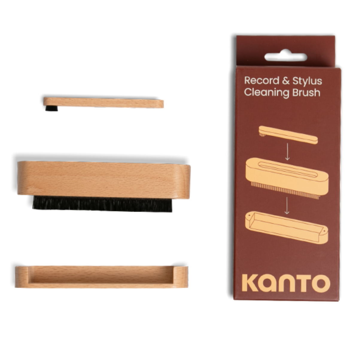 Kanto wooden record and stylus cleaning brush shown disassembled with its brown retail packaging box on a white background.