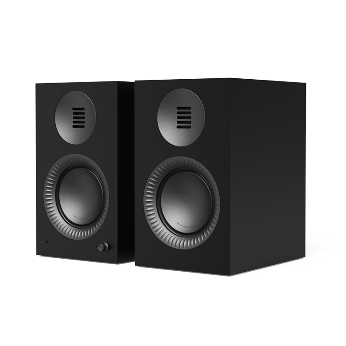 A pair of black bookshelf speakers with silver-gray drivers and a small top grille, shown on a clean white background.