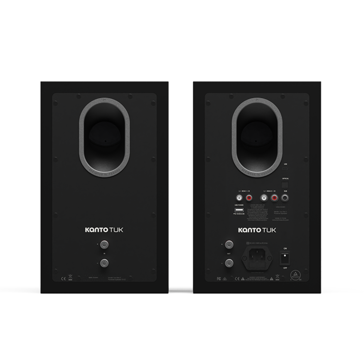 Pair of black Kanto TUK speakers on a white background