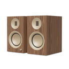 A pair of Kanto TUK Gen 2 260W Premium Powered Speaker System with walnut wood-grain fronts and cream-colored drivers and grille surrounds, shown on a plain white background.