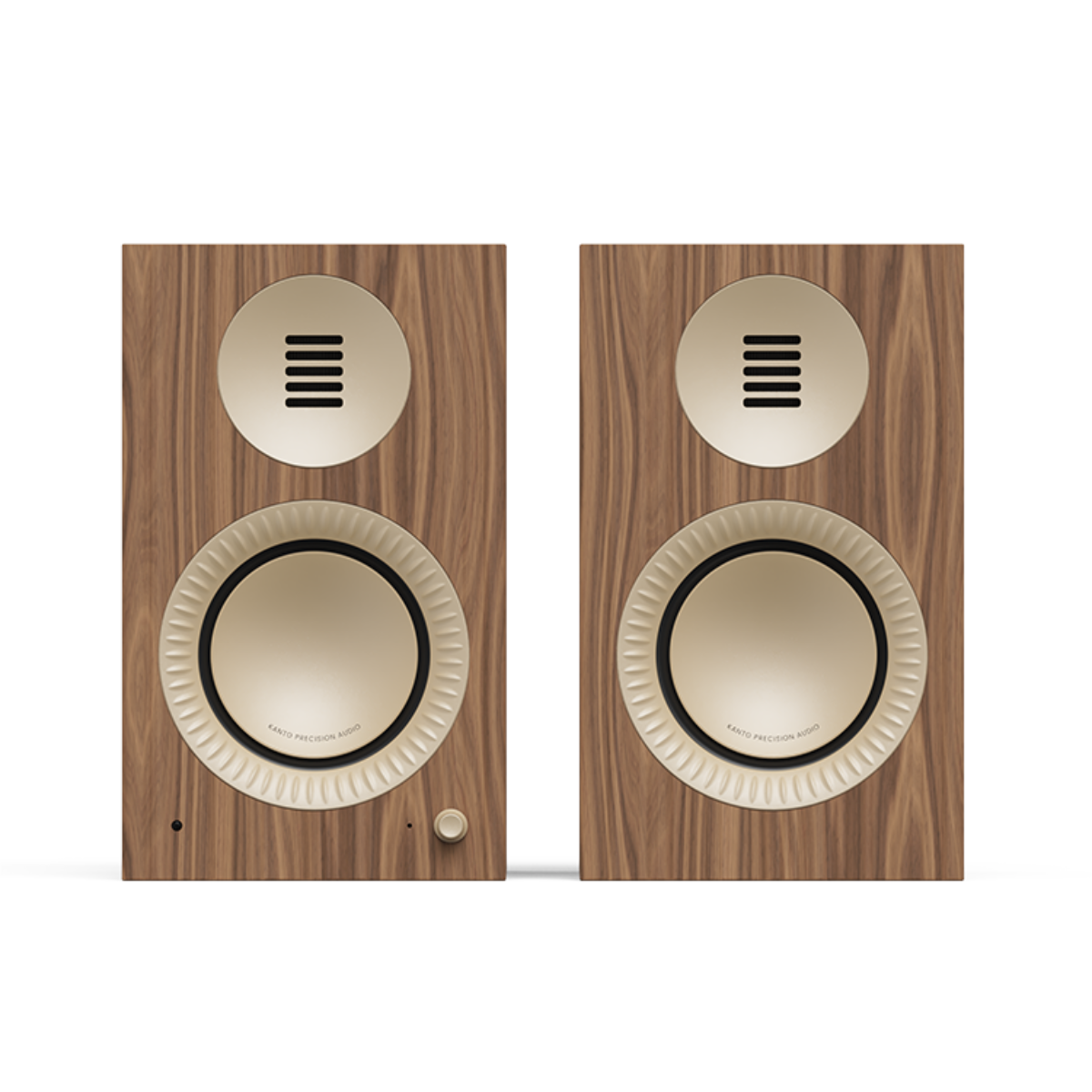 Two matching bookshelf speakers with brown wood-grain fronts, cream-colored drivers, and a small round control knob, shown on a plain white background.
