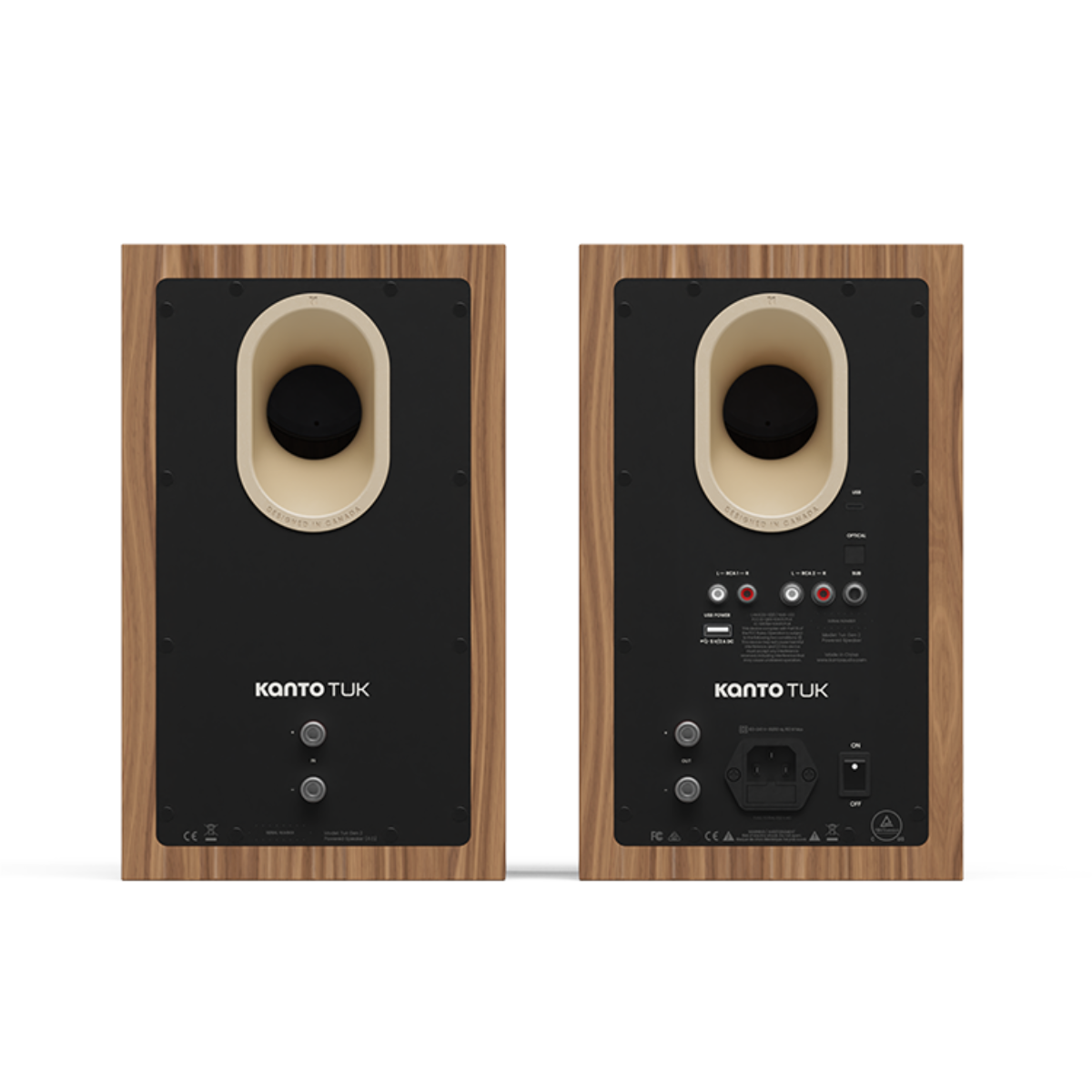 Front and back views of a pair of Kanto TUK bookshelf speakers with wood-grain cabinets, black front and back panels, and cream-colored bass reflex cones, shown on a white background.
