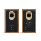 Front and back views of a pair of Kanto TUK bookshelf speakers with wood-grain cabinets, black front and back panels, and cream-colored bass reflex cones, shown on a white background.