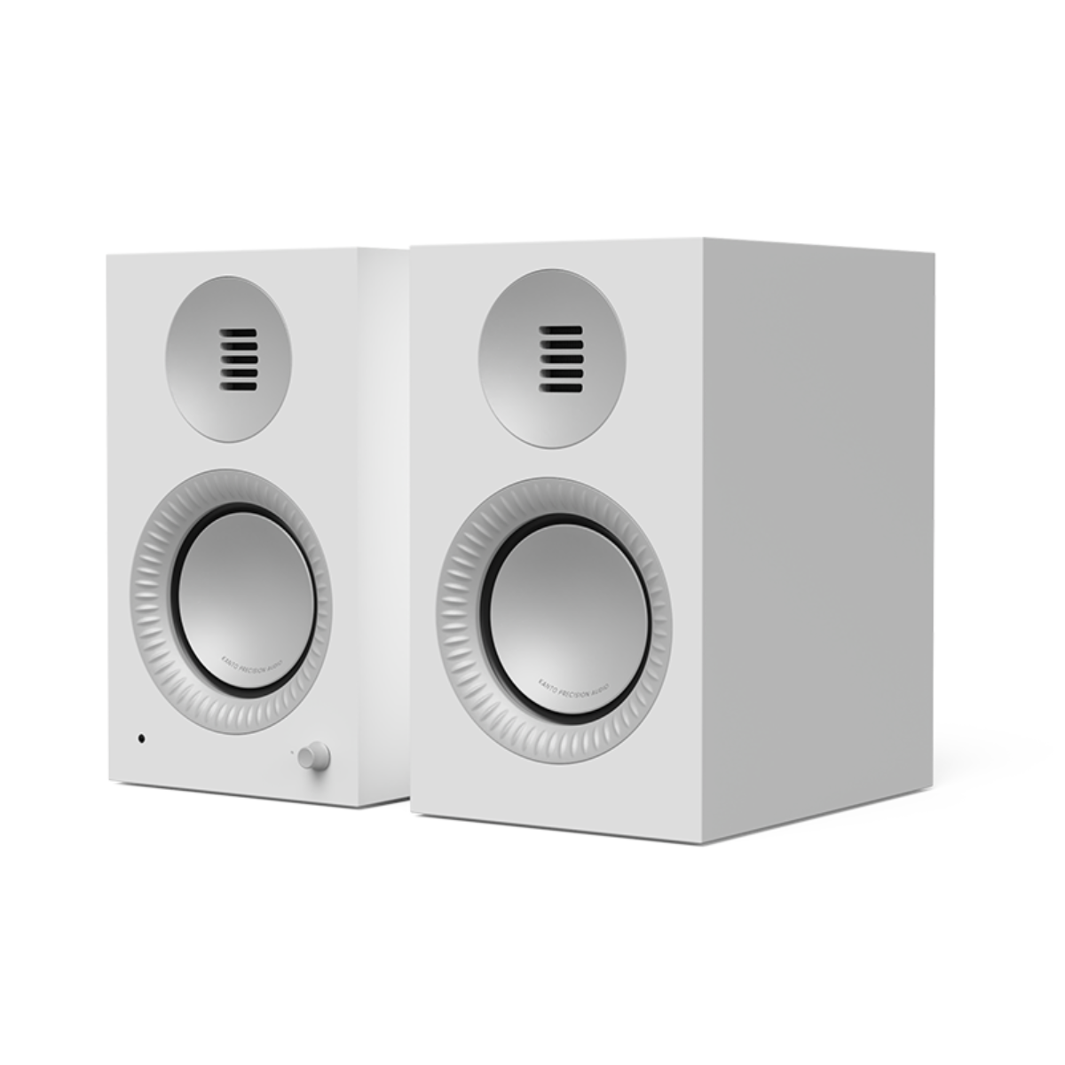 A pair of white Kanto TUK Gen 2 260W Premium Powered Speaker System with silver drivers, shown on a clean white background.