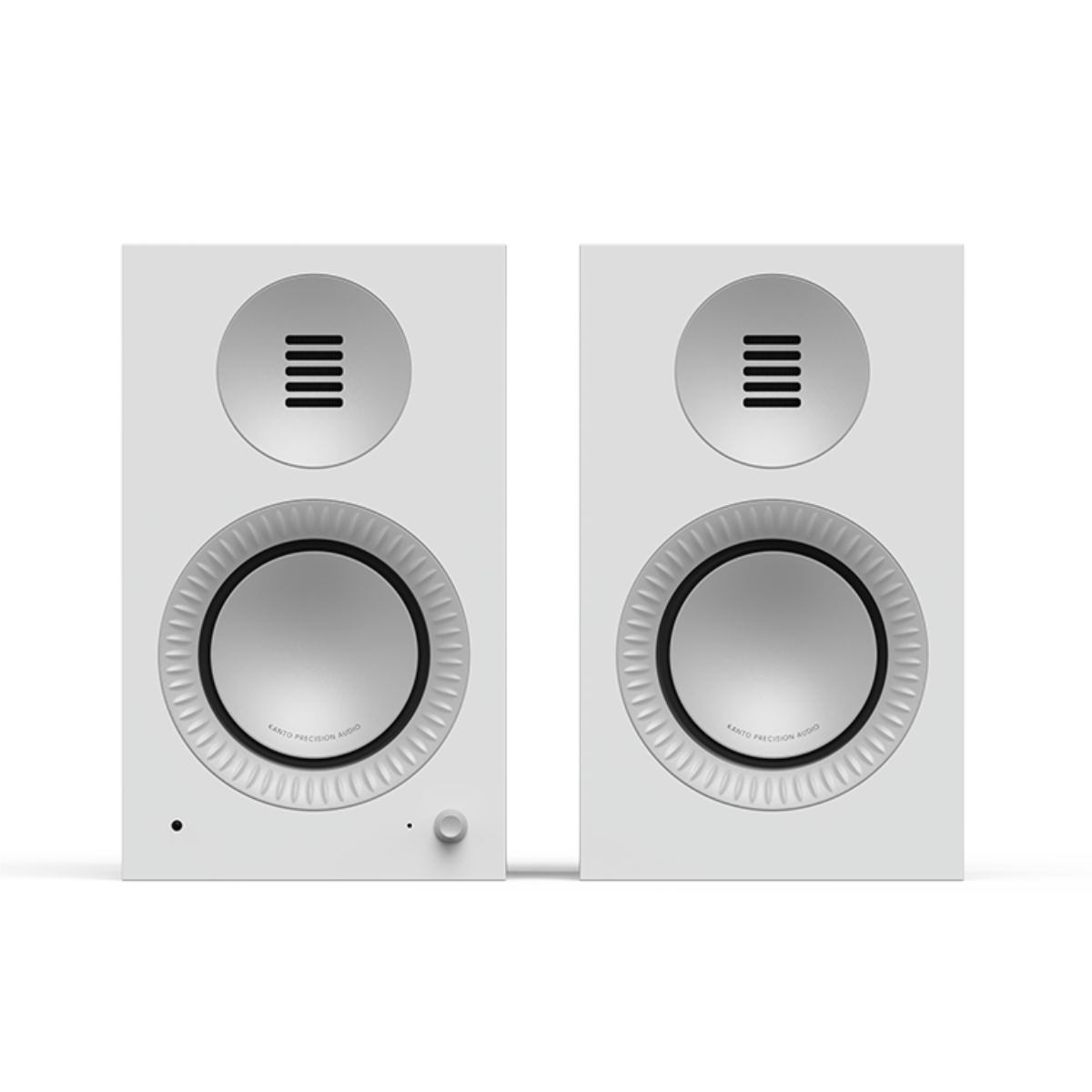 A pair of white rKanto TUK Gen 2 260W Premium Powered Speaker System with circular silver and black drivers, shown side by side on a plain white background.