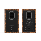 Front and back views of a pair of Kanto TUK bookshelf speakers with a black front panel and a distinctive brown and black wavy wood-grain outer cabinet.