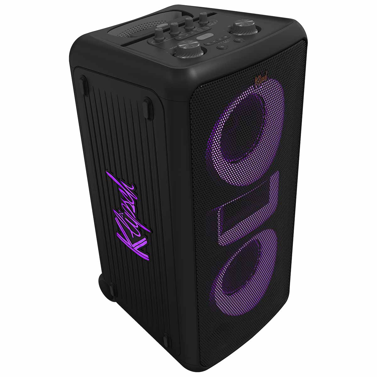 Klipsch Miami Music City Series Party Speaker - three quarter high angle view facing right with purple lights