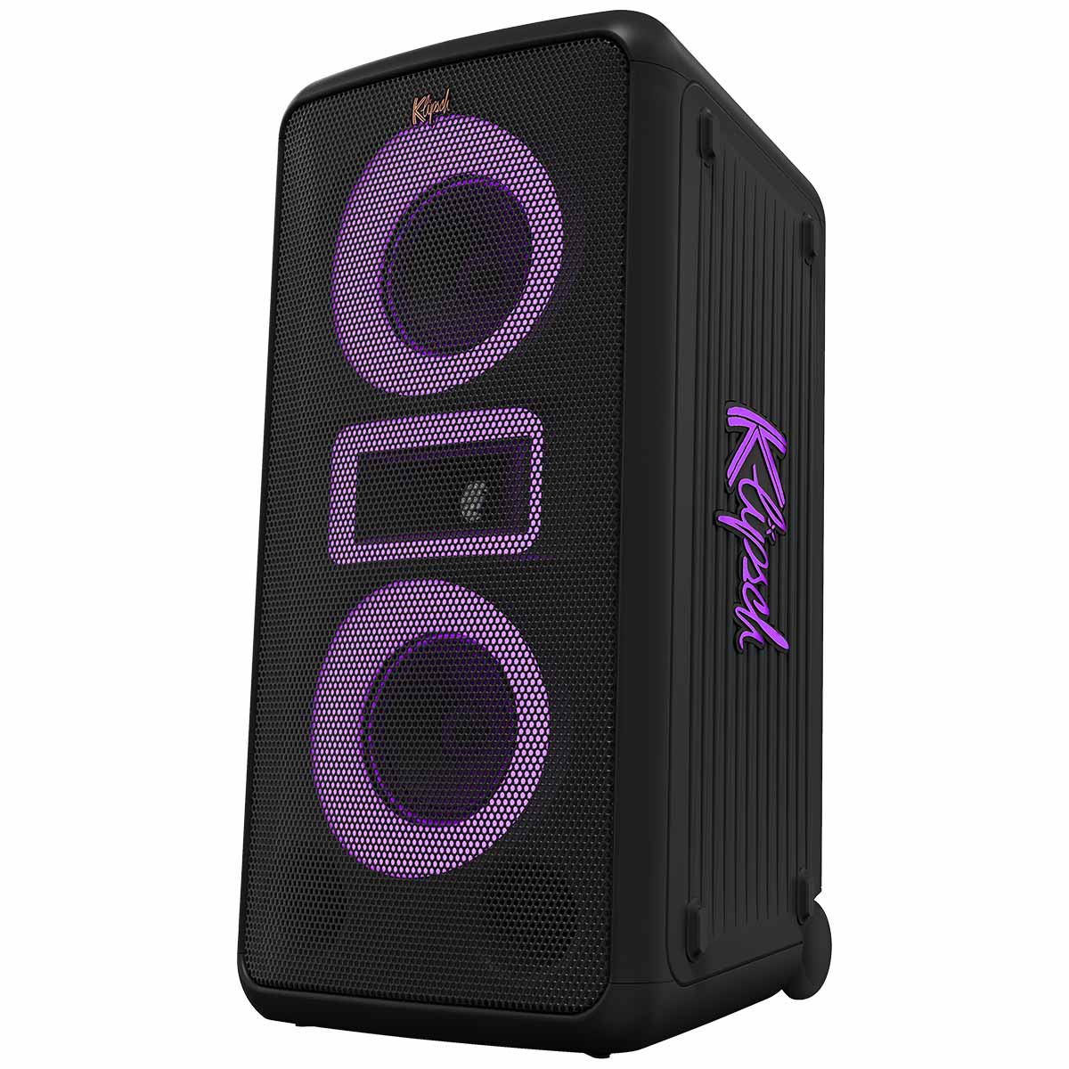Klipsch Miami Music City Series Party Speaker - front low angle view facing left with purple lights