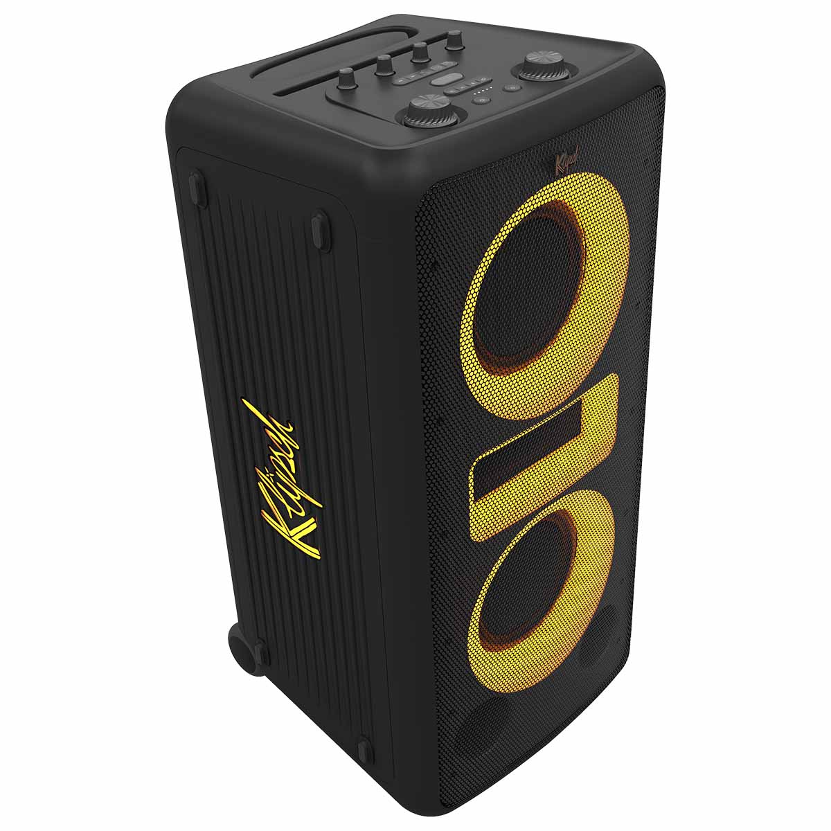 Klipsch New York Music City Series Party Speaker - three quarter high angle view facing right with yellow lights
