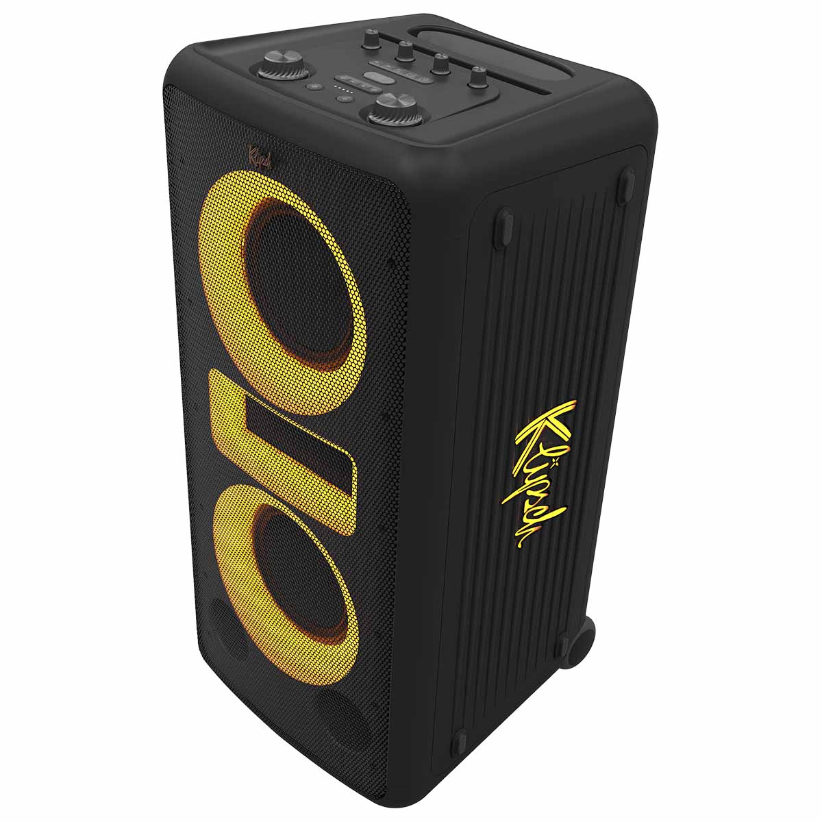 Klipsch New York Music City Series Party Speaker - three quarter high angle view facing left with yellow lights