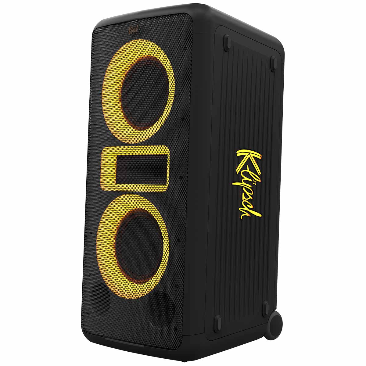 Klipsch New York Music City Series Party Speaker - front low angle view facing left with yellow lights