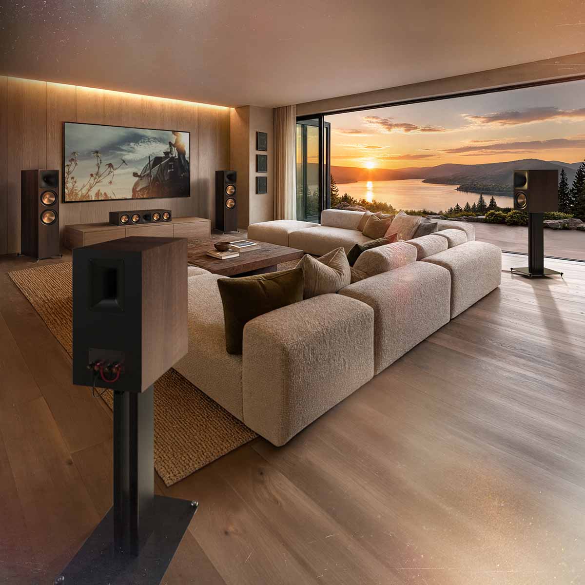 Lifestyle photo of Klipsch Reference Premiere Series III in walnut in a living room