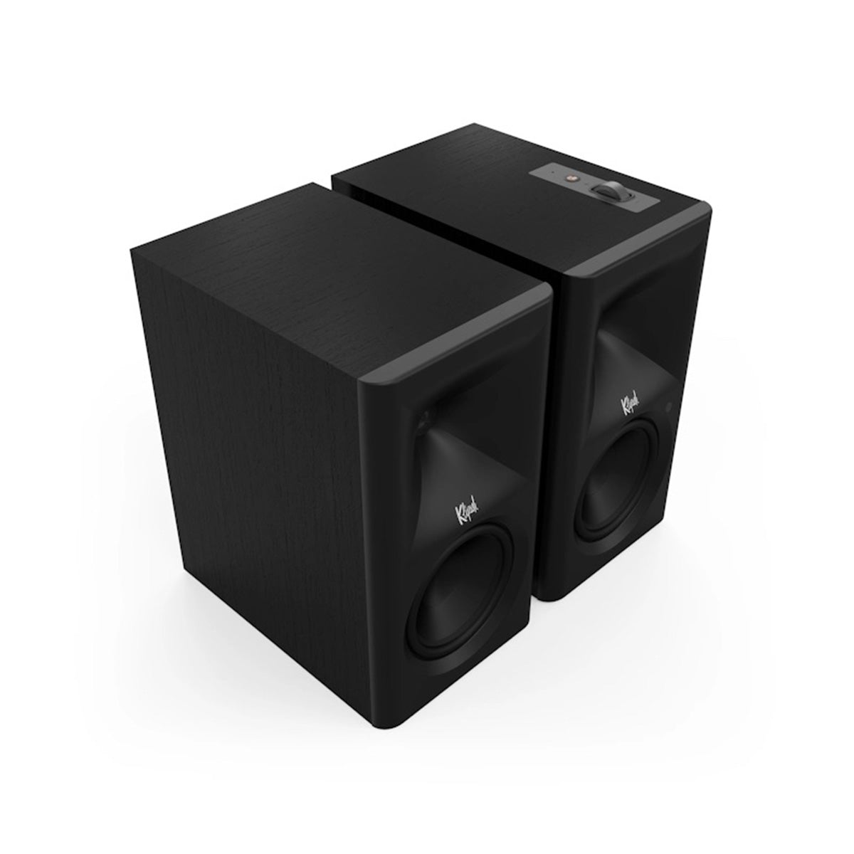 Klipsch The Fives II Dolby Atmos 5.25" Powered Speakers - Pair - Ebony front top and side view angled right without grille