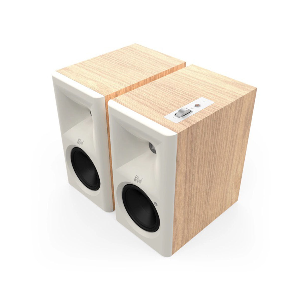 Klipsch The Fives II Dolby Atmos 5.25" Powered Speakers - Pair - Red oak front top and side view angled left without grille
