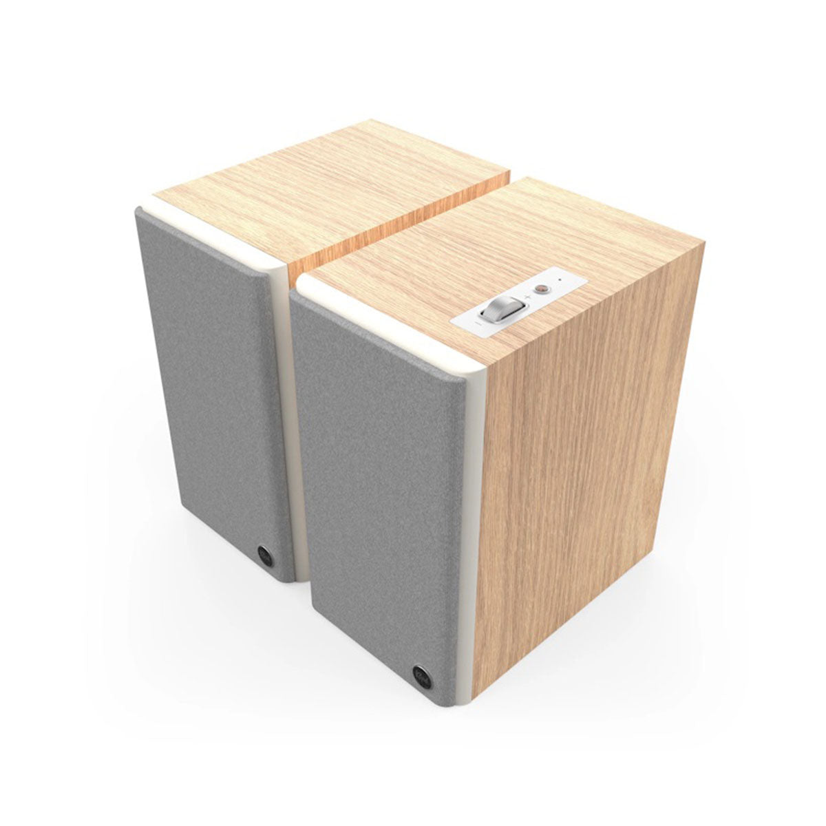 Klipsch The Fives II Dolby Atmos 5.25" Powered Speakers - Pair - Red oak front top and side view angled left with grille