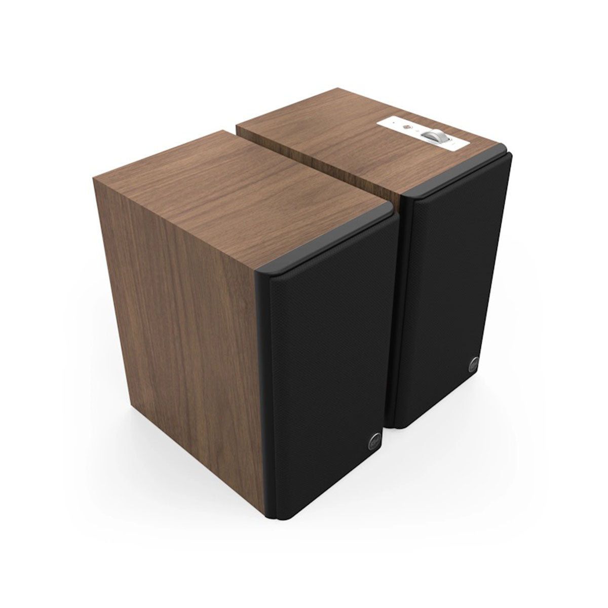 Klipsch The Fives II Dolby Atmos 5.25" Powered Speakers - Pair - Walnut front top and side view angled right with grille