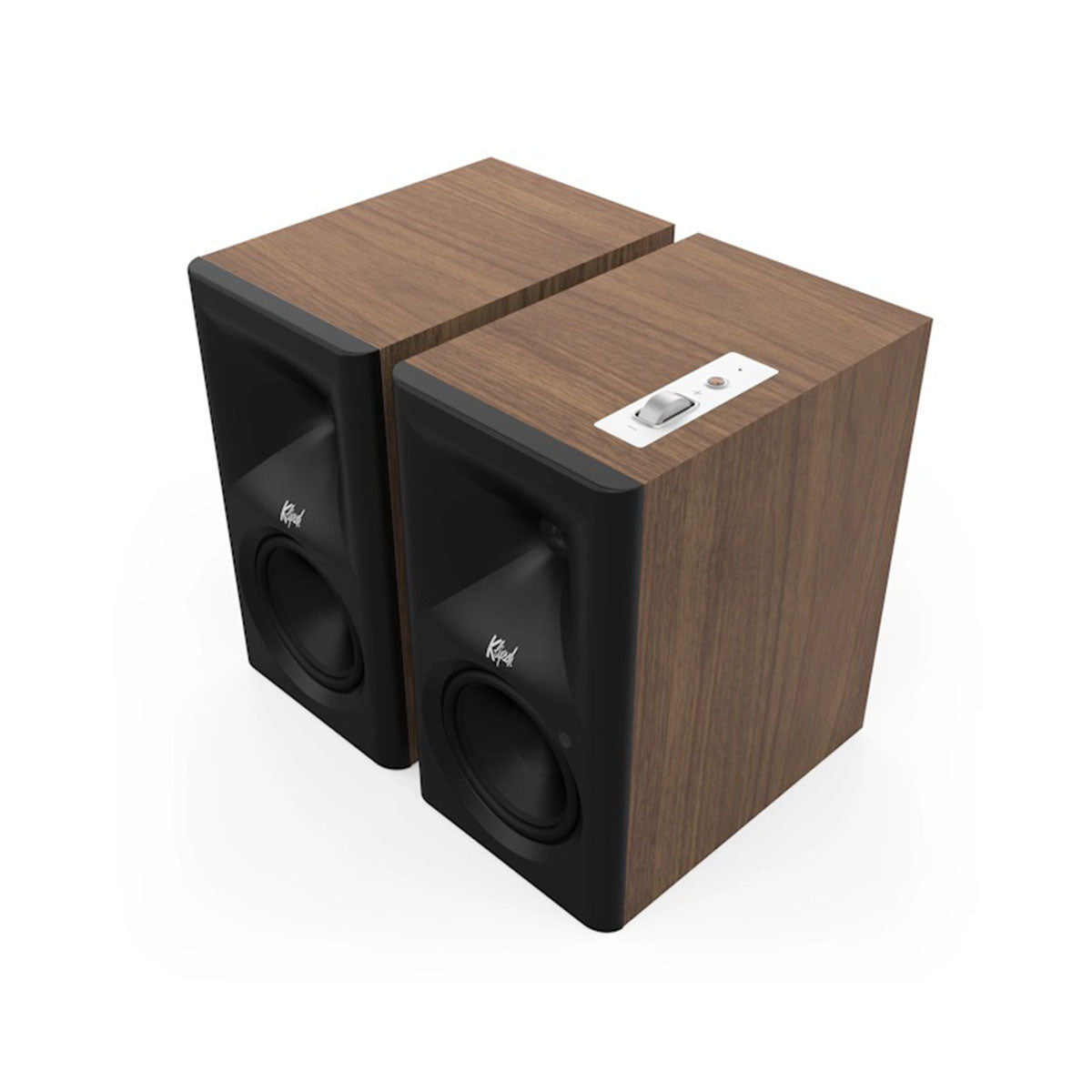 Klipsch The Fives II Dolby Atmos 5.25" Powered Speakers - Pair - Walnut front top and side view angled left without grille