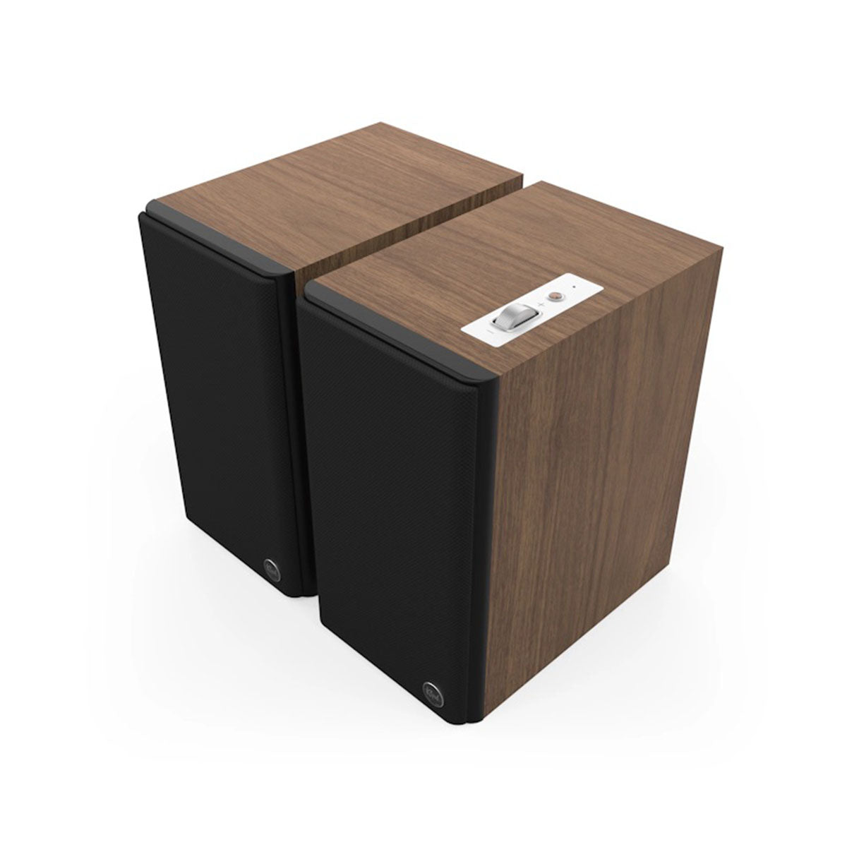 Klipsch The Fives II Dolby Atmos 5.25" Powered Speakers - Pair - Walnut front top and side view angled left with grille
