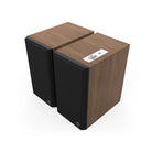Klipsch The Fives II Dolby Atmos 5.25" Powered Speakers - Pair - Walnut front top and side view angled left with grille