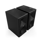 Klipsch The Nines II Dolby Atmos 8" Powered Speakers - Pair - Ebony front top and side view angled right without grilles