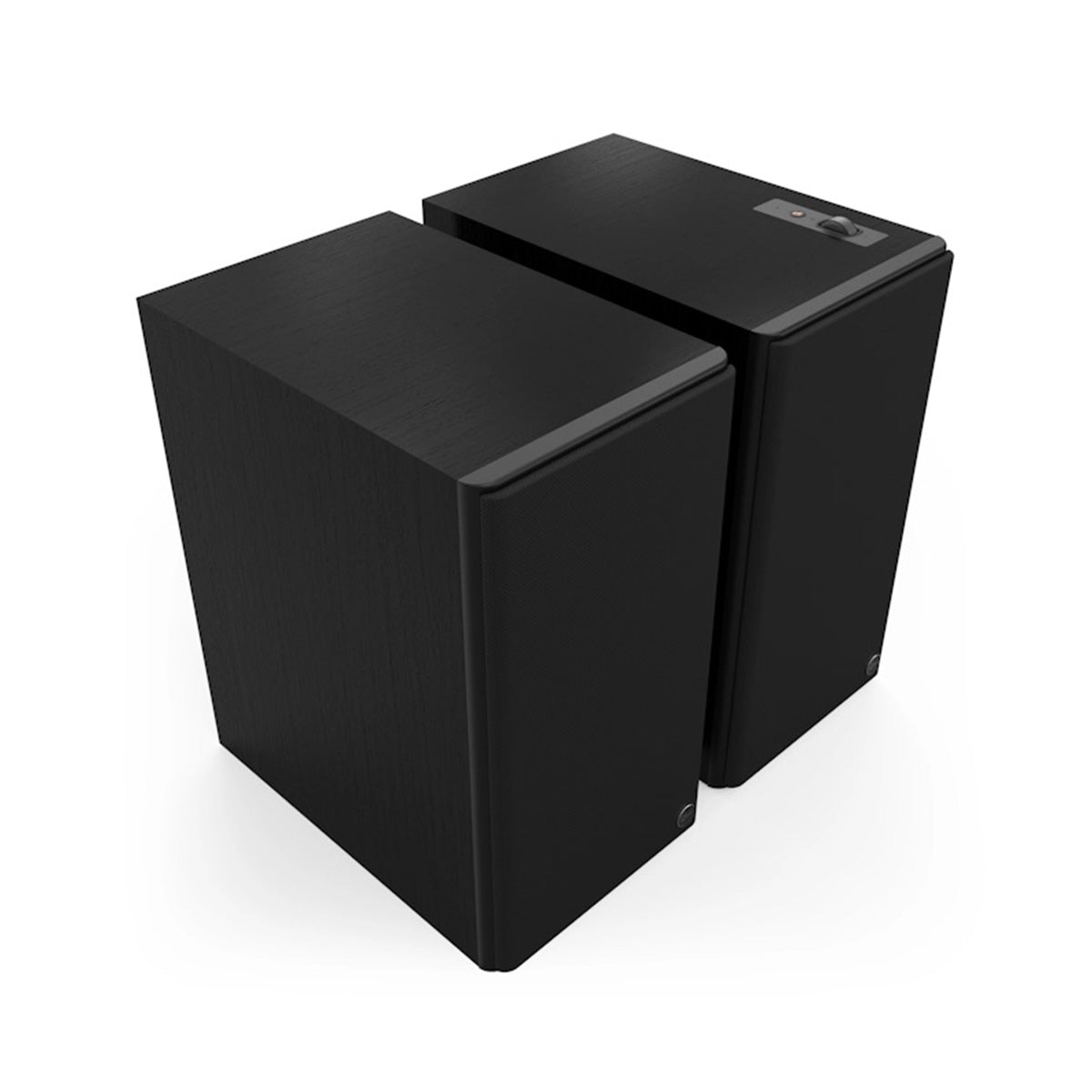 Klipsch The Nines II Dolby Atmos 8" Powered Speakers - Pair - Ebony front top and side view angled right with grilles