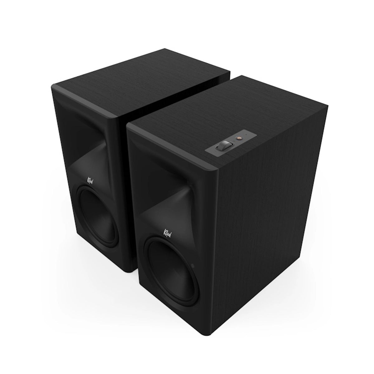 Klipsch The Nines II Dolby Atmos 8" Powered Speakers - Pair - Ebony front top and side view angled left without grilles