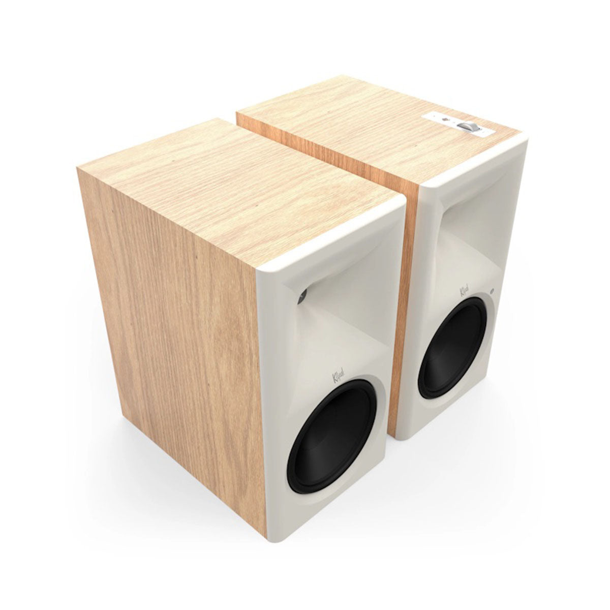 Klipsch The Nines II Dolby Atmos 8" Powered Speakers - Pair - Red Oak front top and side view angled right without grilles