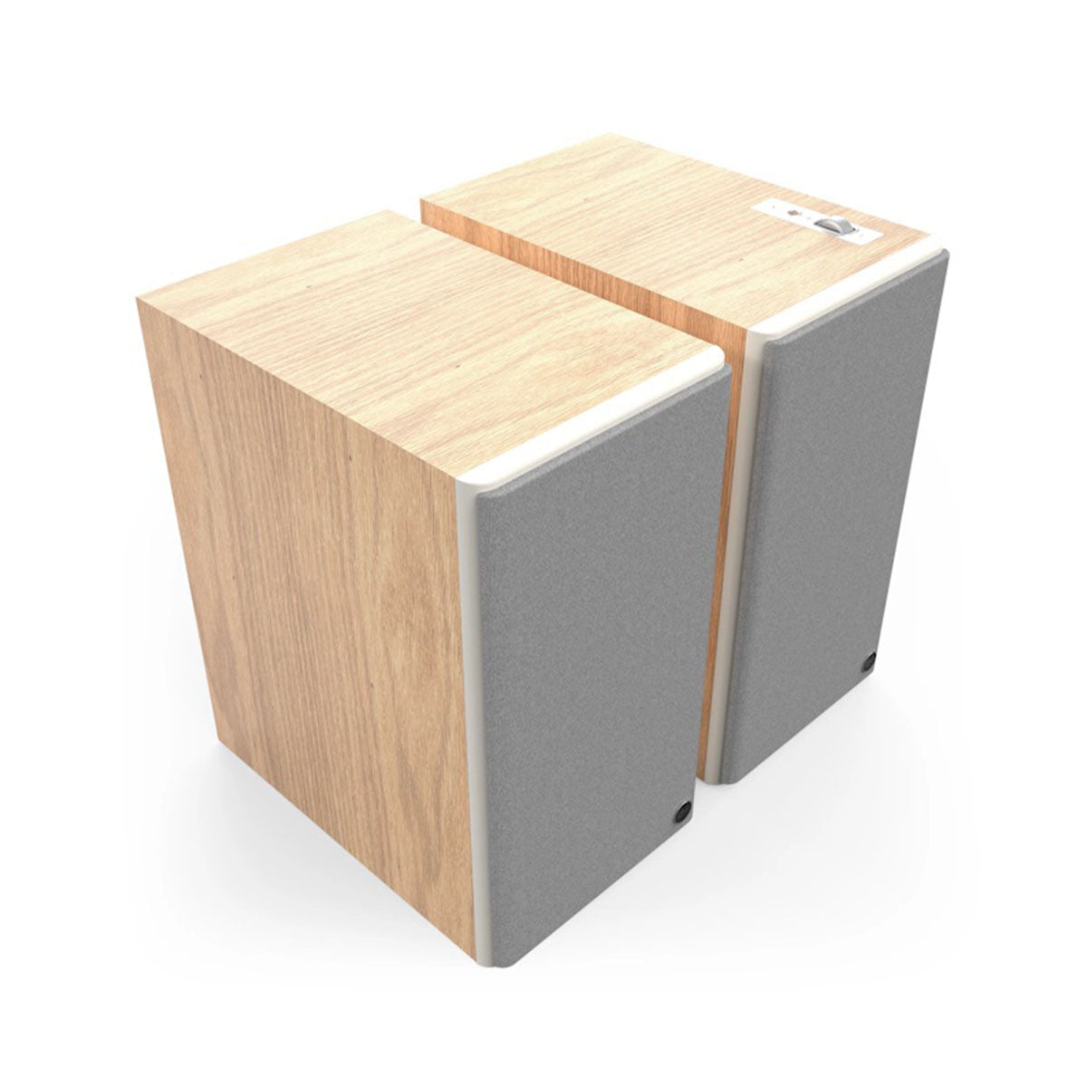 Klipsch The Nines II Dolby Atmos 8" Powered Speakers - Pair - Red Oak front top and side view angled right with grilles