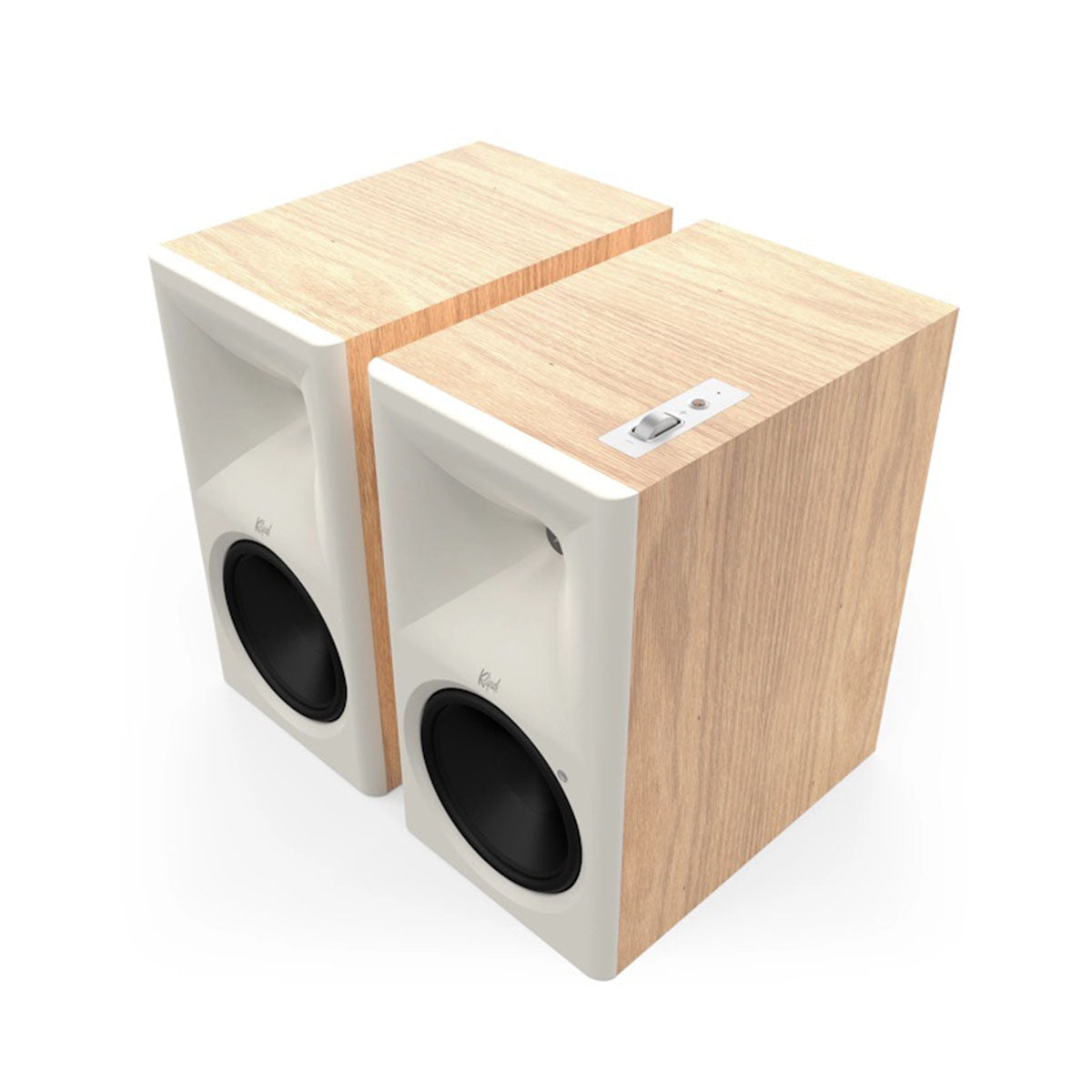 Klipsch The Nines II Dolby Atmos 8" Powered Speakers - Pair - Red Oak front top and side view angled left without grilles