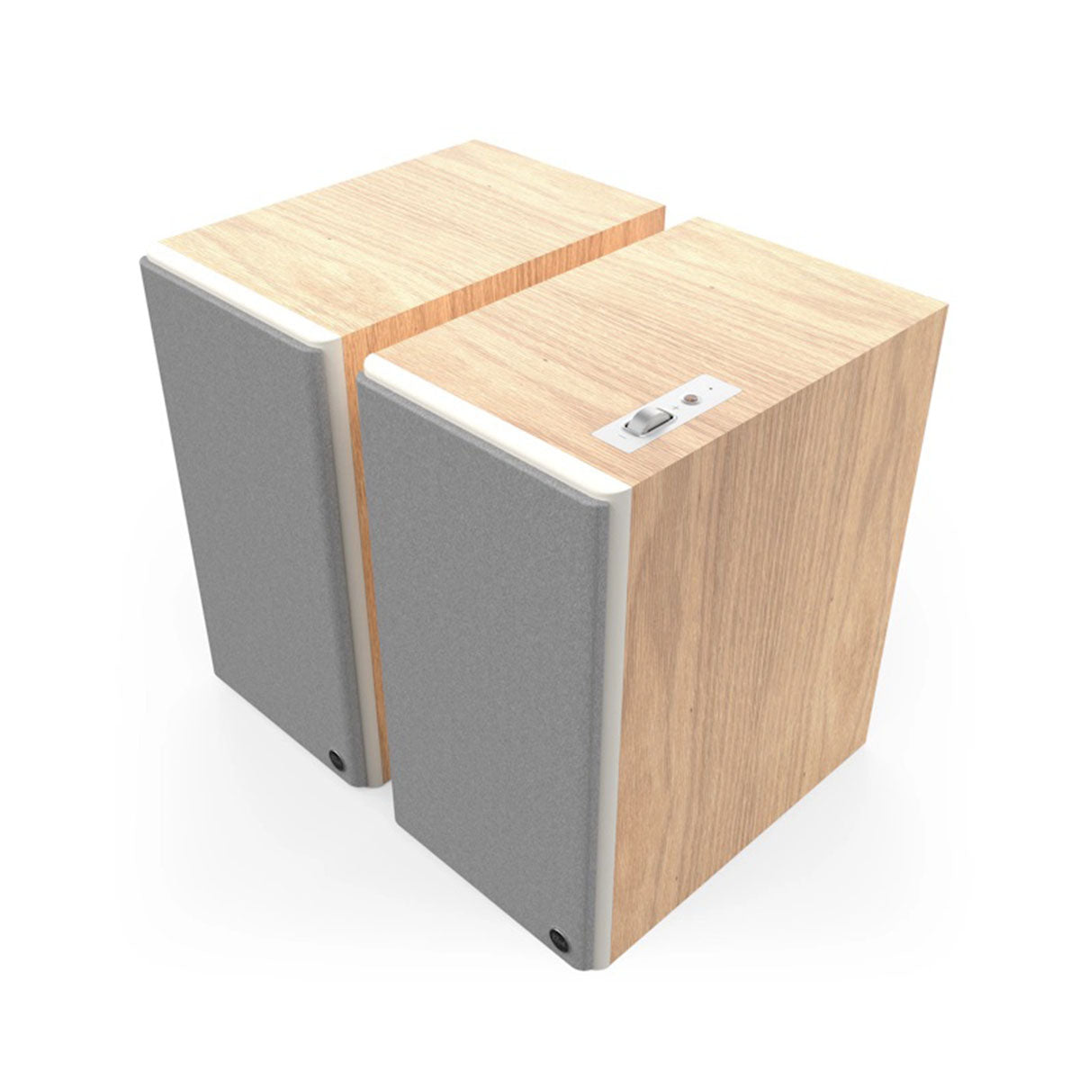 Klipsch The Nines II Dolby Atmos 8" Powered Speakers - Pair - Red Oak front top and side view angled left with grilles