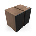 Klipsch The Nines II Dolby Atmos 8" Powered Speakers - Pair - Walnut front top and side view angled right with grilles