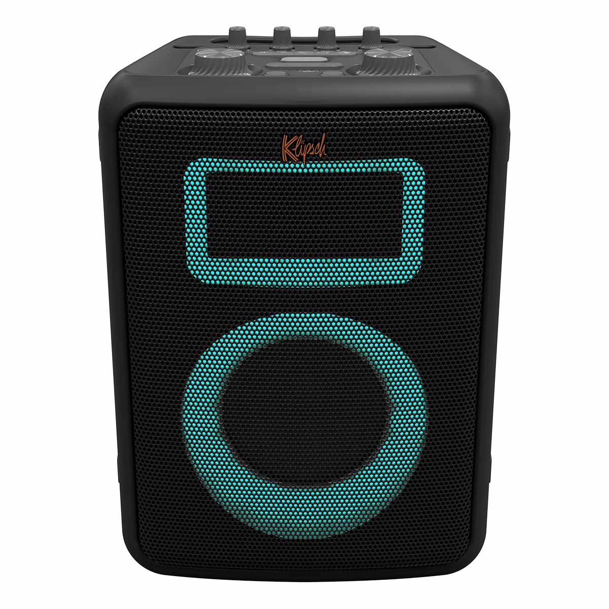 Klipsch Vegas Music City Series Party Speaker - front and top view with teal lights