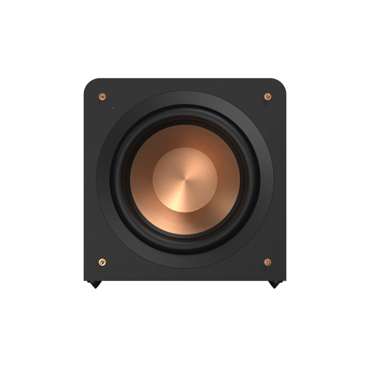 A square Klipsch RP-1200CSW Reference Premiere Compact Subwoofer in ebony with a large copper-colored driver cone, shown against a solid white background.