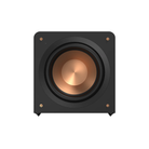 A square Klipsch RP-1200CSW Reference Premiere Compact Subwoofer in ebony with a large copper-colored driver cone, shown against a solid white background.