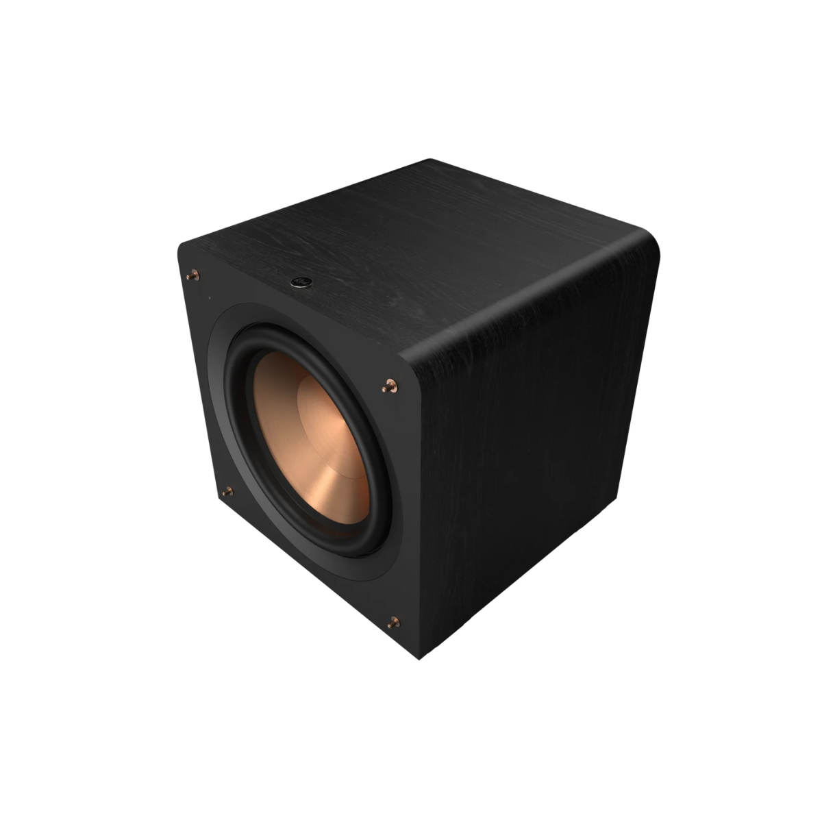 A black Klipsch RP-1200CSW Reference Premiere Compact Subwoofer in ebony enclosure with a copper-colored driver cone, shown at an angle on a solid white background.