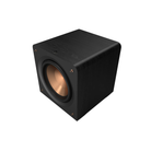 A black Klipsch RP-1200CSW Reference Premiere Compact Subwoofer in ebony enclosure with a copper-colored driver cone, shown at an angle on a solid white background.