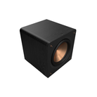 A black wood-grain subwoofer speaker with a copper-colored driver cone, shown at an angle on a solid white background.