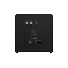 The rear panel of a black Klipsch RP-1200CSW Reference Premiere Compact Subwoofer showing control knobs, input jacks, and power connection details on a solid white background.