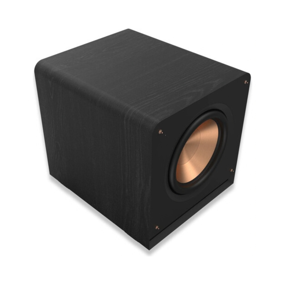 A black Klipsch RP-1400CSW Reference Premiere Compact Subwoofer with a copper-colored driver cone, shown at an angle on a white background.