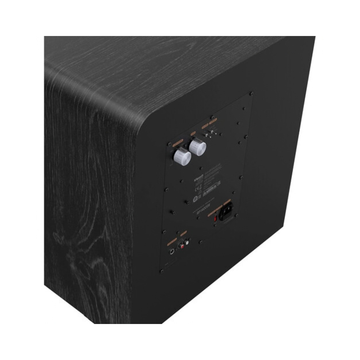 Close-up of the rear panel of a Klipsch RP-1400CSW Reference Premiere Compact Subwoofer, showing input jacks and two white volume knobs against a white background.
