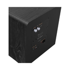 Close-up of the rear panel of a Klipsch RP-1400CSW Reference Premiere Compact Subwoofer, showing input jacks and two white volume knobs against a white background.