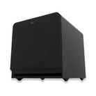 A black Klipsch RP-1400CSW Reference Premiere Compact Subwoofer with a wood-grain textured side panel, shown at a three-quarter angle on a white background.