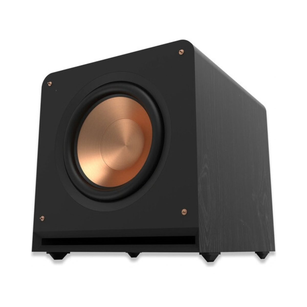 A black wood-grain Klipsch RP-1400CSW Reference Premiere Compact Subwoofer with a large copper-colored driver cone, shown at a three-quarter angle on a white background.