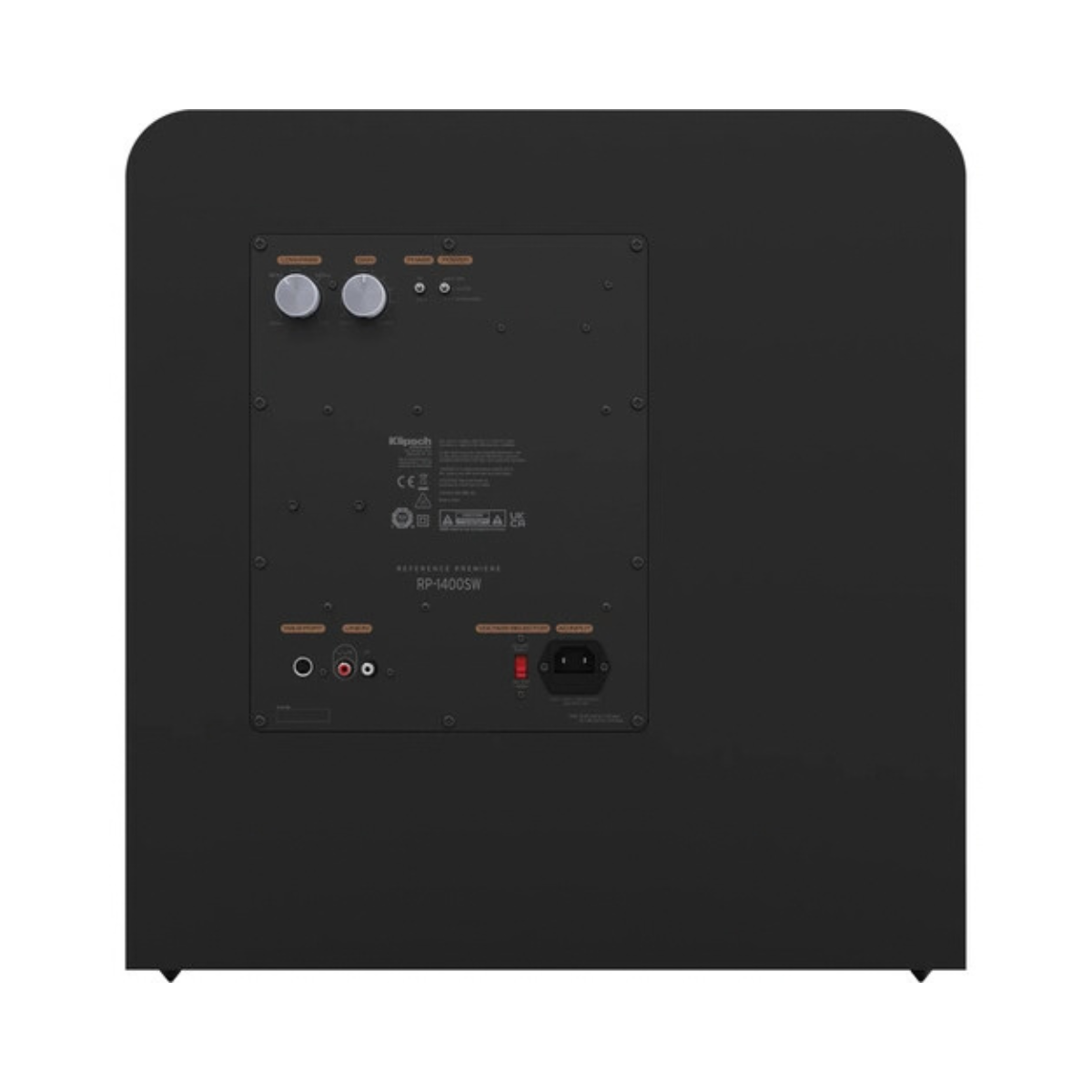 The rear panel of an ebony Klipsch RP-1400CSW Reference Premiere Compact Subwoofer, showing the control inputs, power connection, and technical specifications against a white background.
