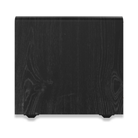 A square black wood-look Klipsch RP-1600CSW Reference Premiere Compact Subwoofer with visible grain texture, shown against a plain white background.