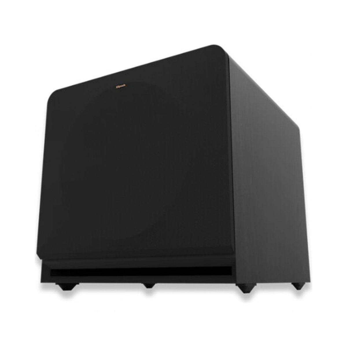 A black Klipsch RP-1600CSW Reference Premiere Compact Subwoofer shown at a three-quarter angle on a plain white background.